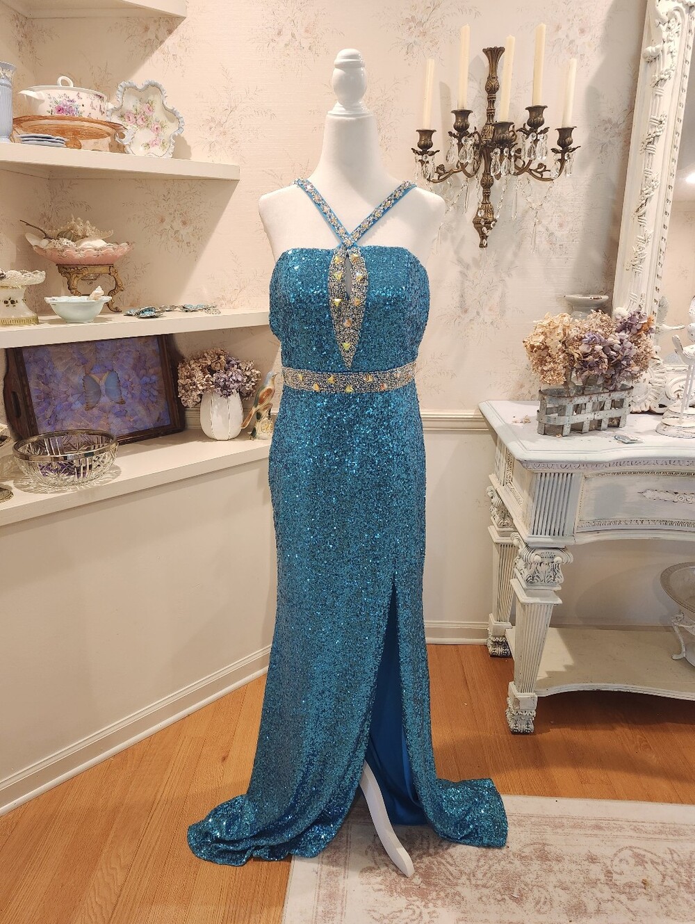 Peacock Blue Liquid Stunning Sequin Evening Gown Dress XL